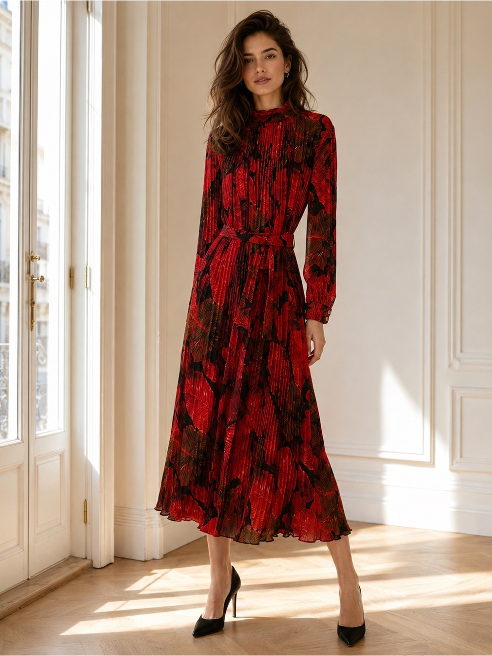 Boutique Red & Black Pleated Midi Dress High Neck Belted Long Sleeve